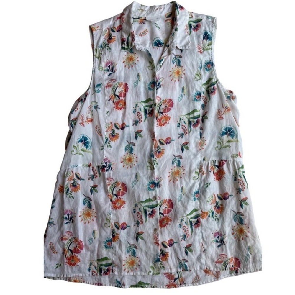 J. Jill Love Linen Floral Sleeveless Button‎ Down Tunic Top White XL Multi-Color